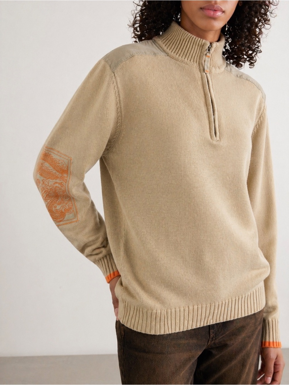 Shanghai Tang Cotton Quarter Zip Sweater Beige Orange Dragon Patch Embroidery - Picture 3 of 10
